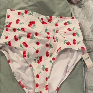 Aerie Cherry Print Bikini Bottom - White and Red High rise crossover